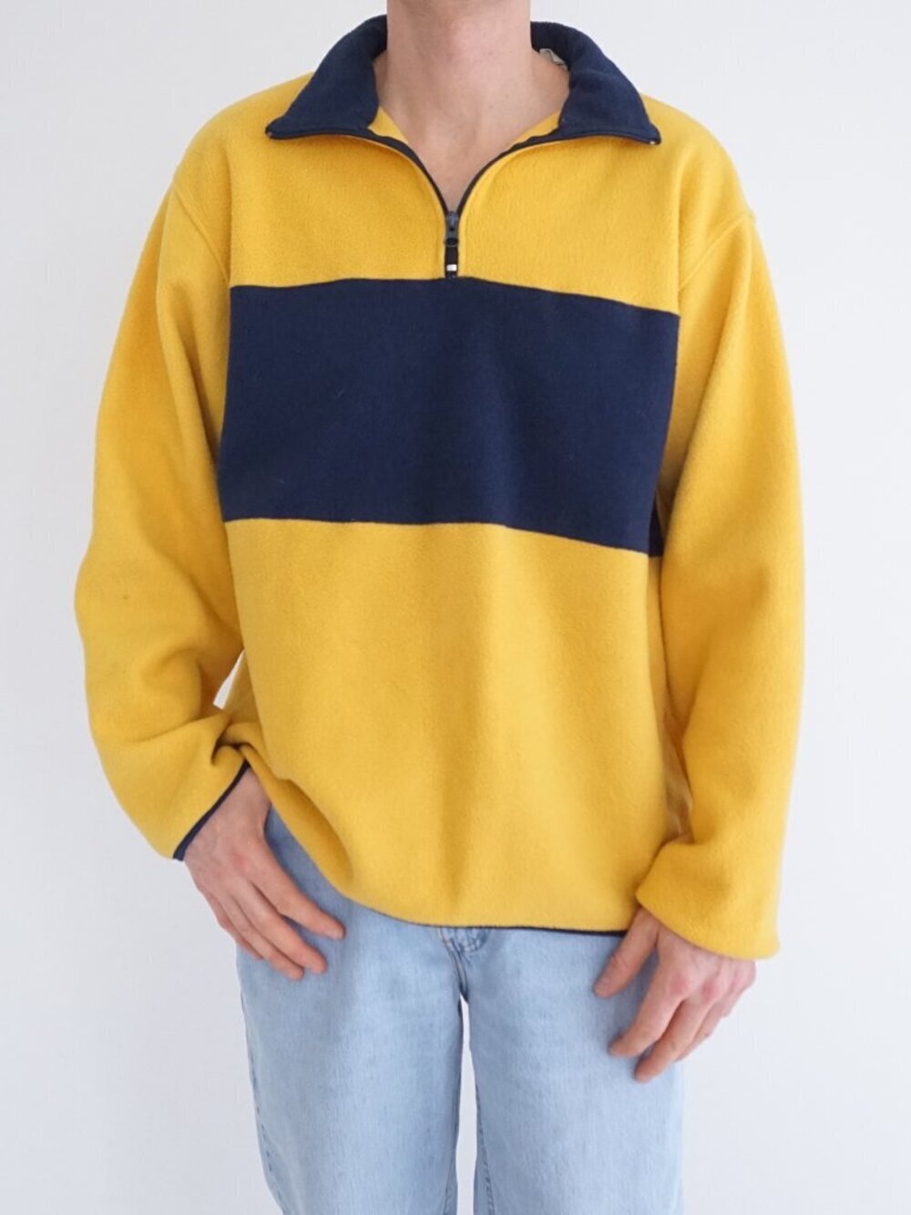 Vintage Court Club Yellow Navy Rugby Stripe Quarter Zip Fleece Pullover M